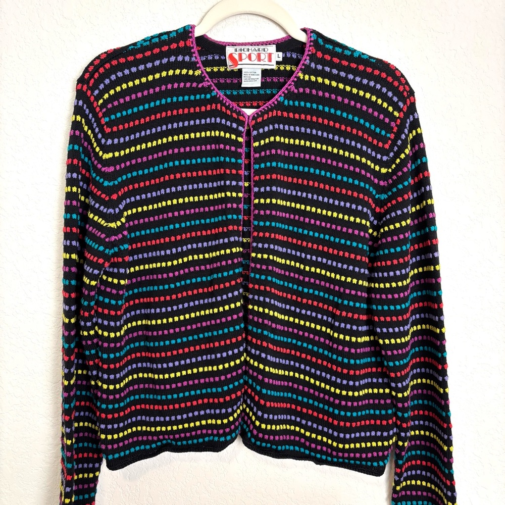 Vintage Richard Sport Colorful Dotted Striped Crochet Cardigan Women’s Large